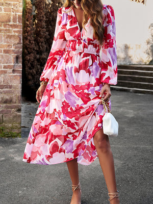 Ladies Floral Long Sleeve Midi Dress