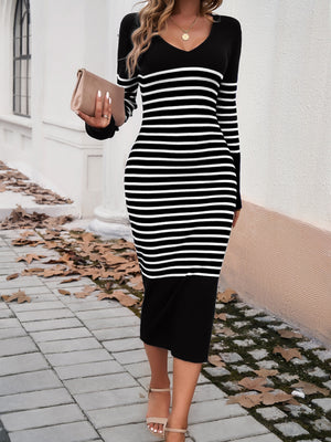 Ladies Striped Long Sleeve Sweater Dress