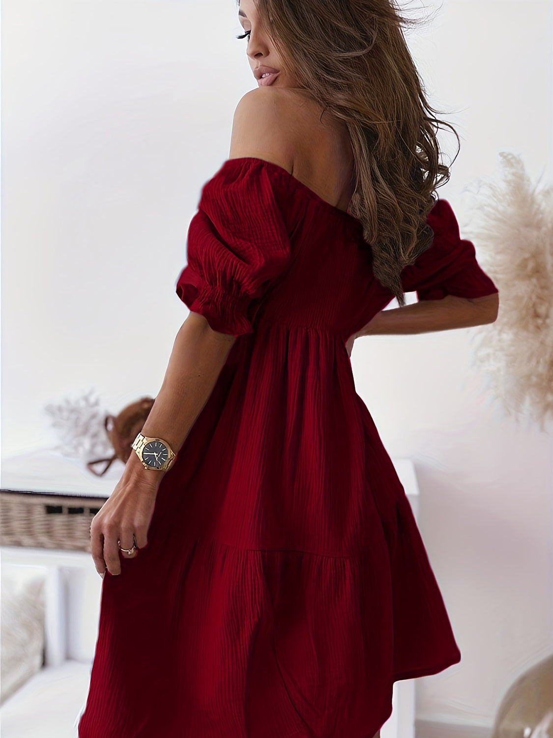 Ladies Elegant Ruffled Off Shoulder Short Sleeve Dress