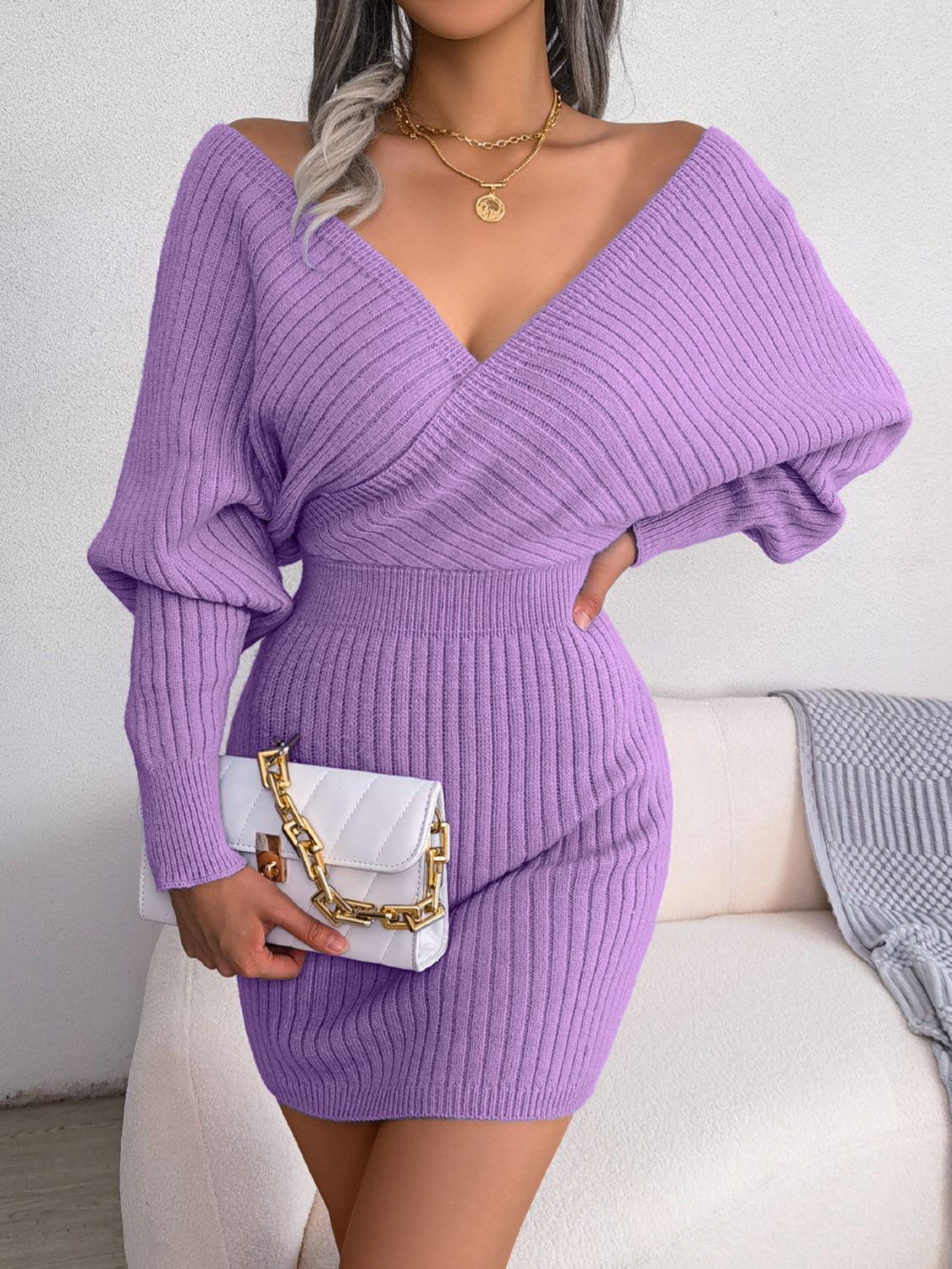 Ladies Elegant Rib-Knit Dolman Sleeve Sweater Dress