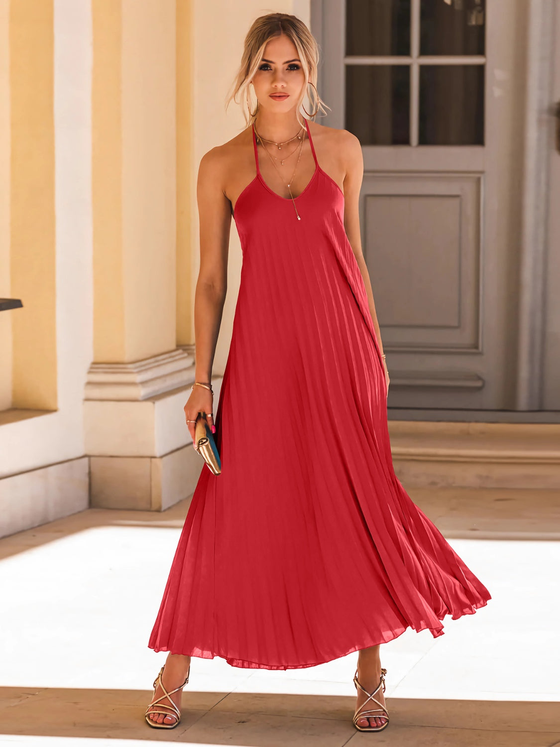 Ladies Elegant Backless Off Shoulder Halter Flow Dress