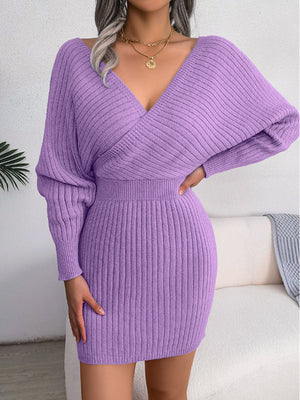 Ladies Elegant Rib-Knit Dolman Sleeve Sweater Dress