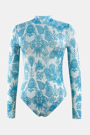 Ladies Printed Mock Neck Long Sleeve One-Piece Swimwear