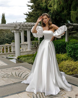 Ladies Elegant Removable Puff Sleeve Satin Bridal Gown