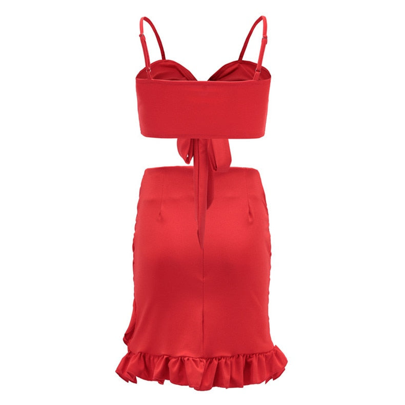 Ladies Summer Bow Tied Ruffle Two Piece Dress Set