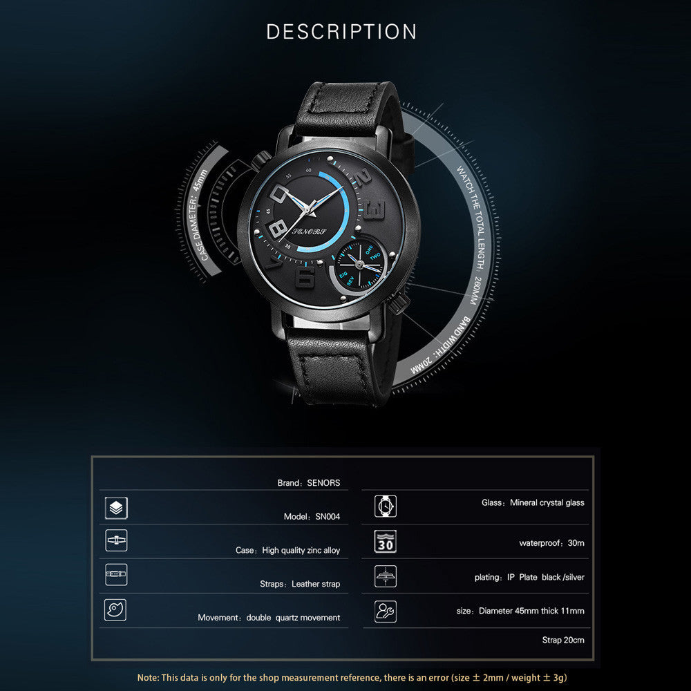 Men's Double Dial High Quality Waterproof Quartz Wrist Watch